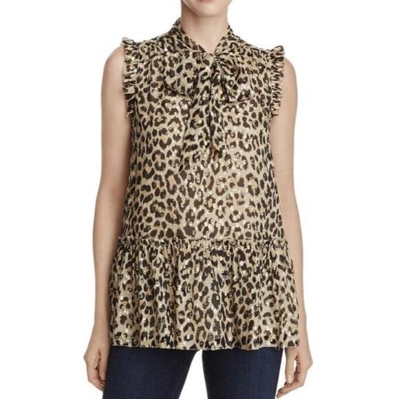 Kate Spade Sleeveless Silk Leopard Print Peplum Blouse Womens Size Large - Picture 1 of 14